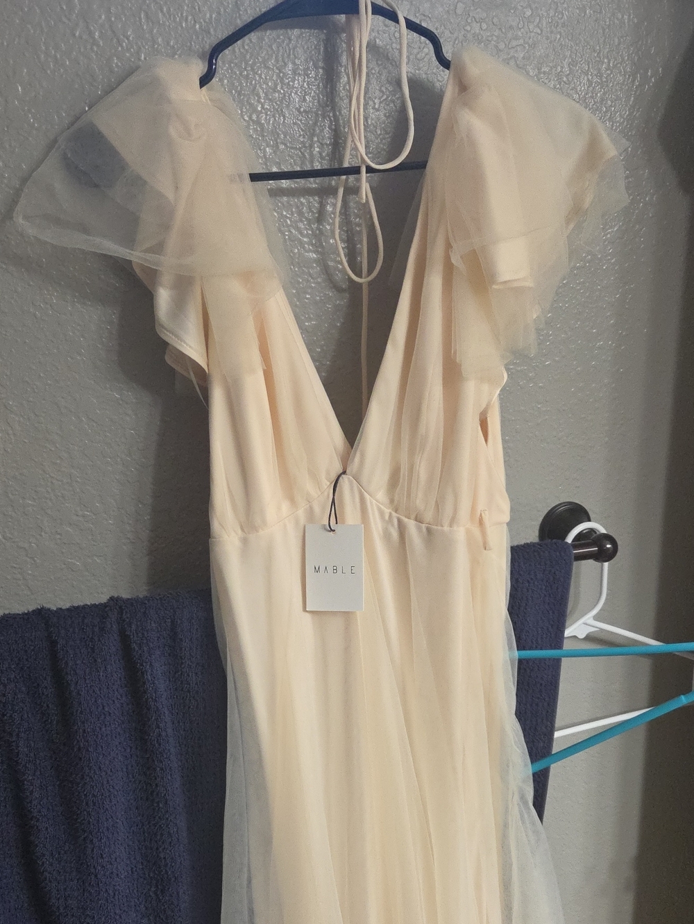 MARBLE Pale Cream Tulle Deep V Ruffle Evening Gown